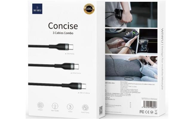 WIWU Wi-C033 3in1 Concise Series 100W Type-C to Type-C Combo PD Cable Set 20cm-150cm-200cm - Black